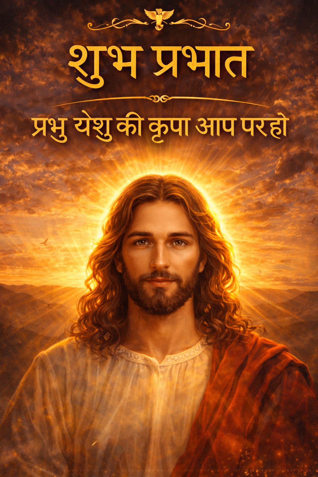 Yesu Prabhu photos — good morning blessing, Jesus face with divine sunrise light, Hindi text — vertical WhatsApp image